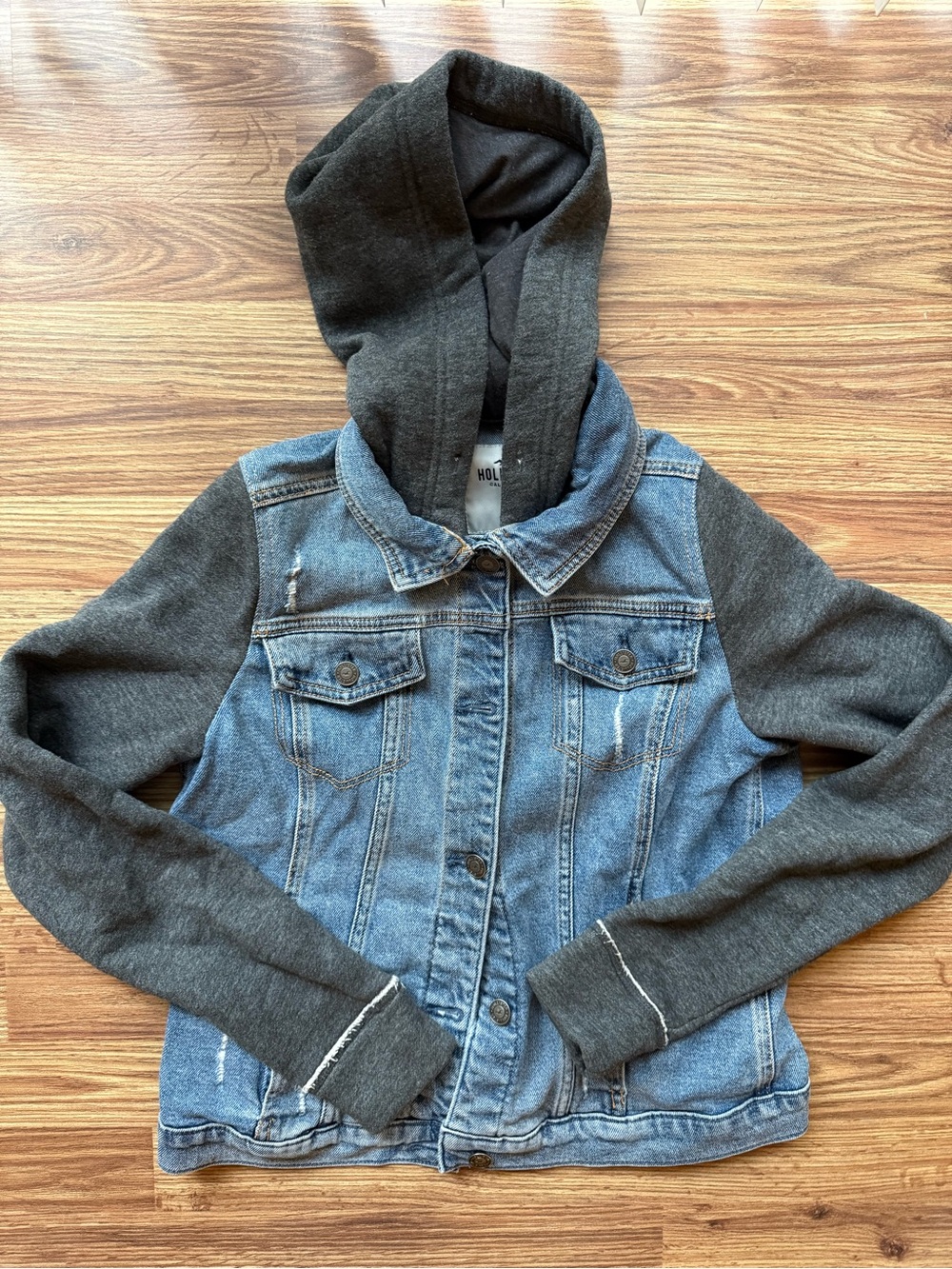 Hollister Blue Denim Jacket with Dark Gray Hoodie Sleeves